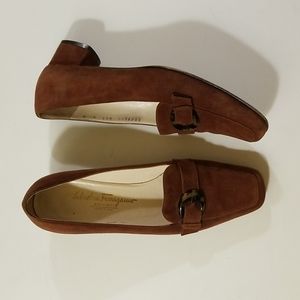FERRAGAMO tan suede square toe heeled loafer size 8B
